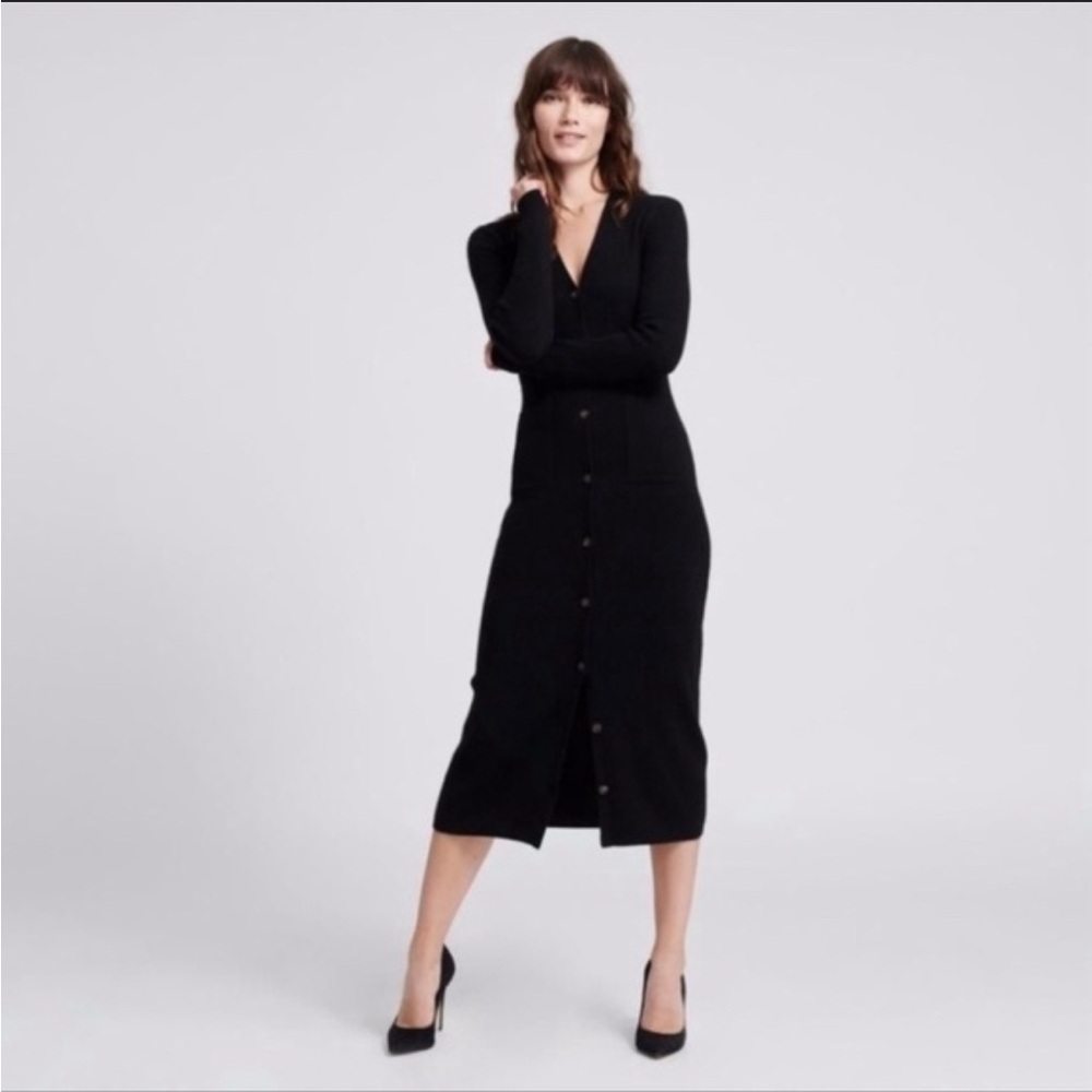 NAADAM Black Ribbed 100% Cashmere Midi Long Sleeve Dress S sz Stretchy and Soft